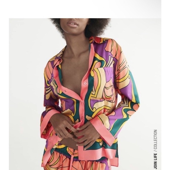 Zara Other - ZARA BLOGGERS FAV Printed Pocket Shirt Satin Pajama Style Colorful Size L Tropic
